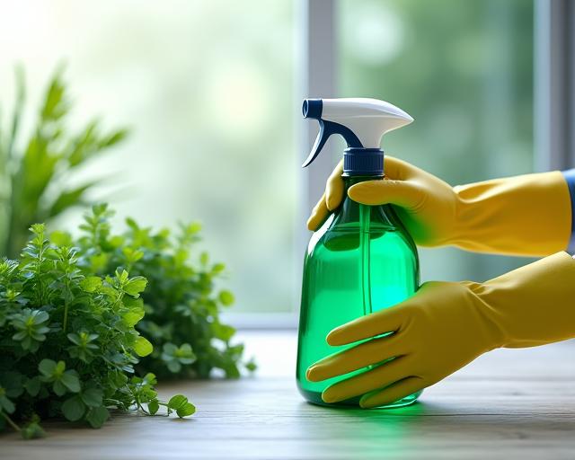 Mãos com luvas a segurar um pulverizador com líquido verde junto a plantas, para limpeza ecológica.